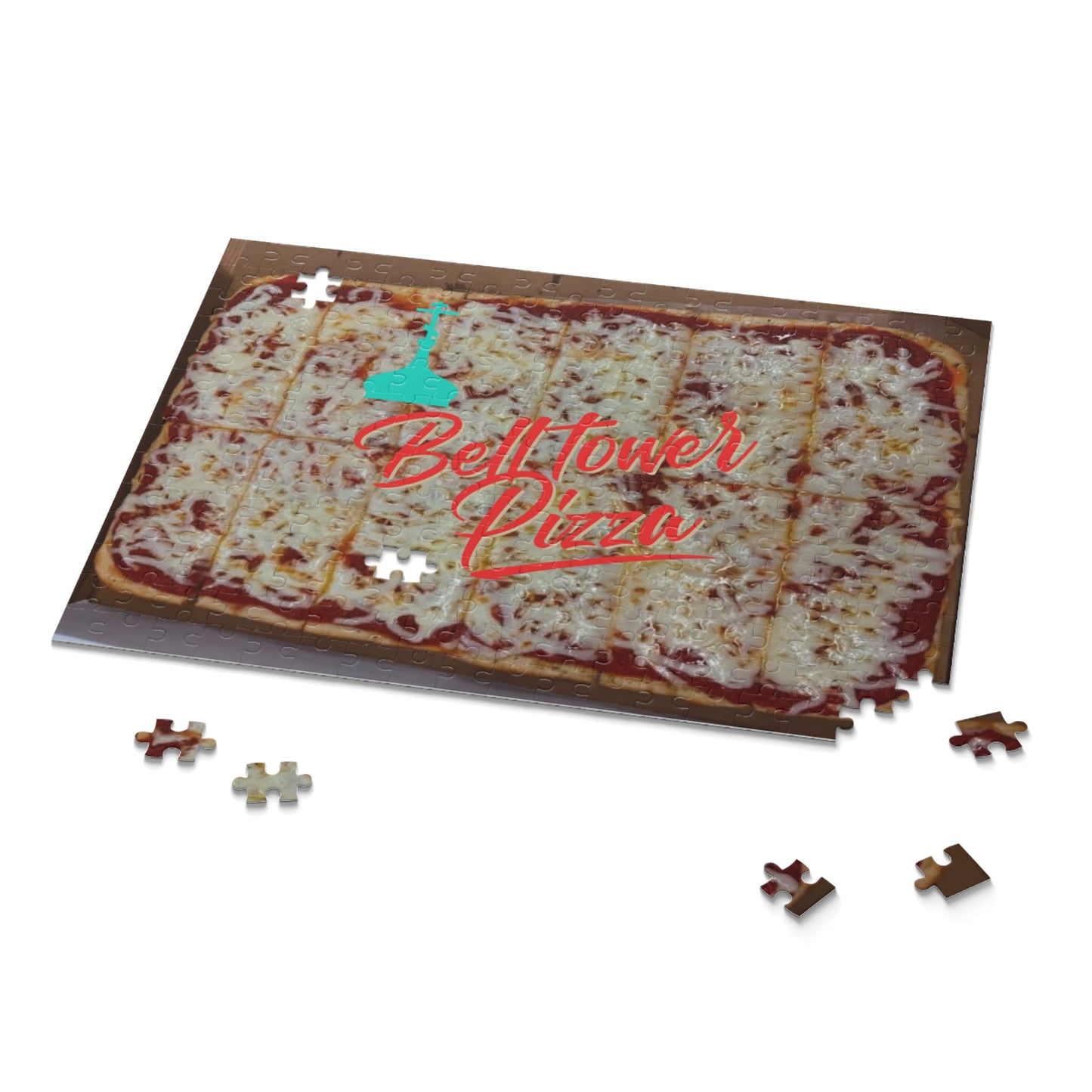 Bell Tower Pizza Jigsaw Puzzle — Retro Rectangular Cheese Pizza Design (120/252/500 pcs)