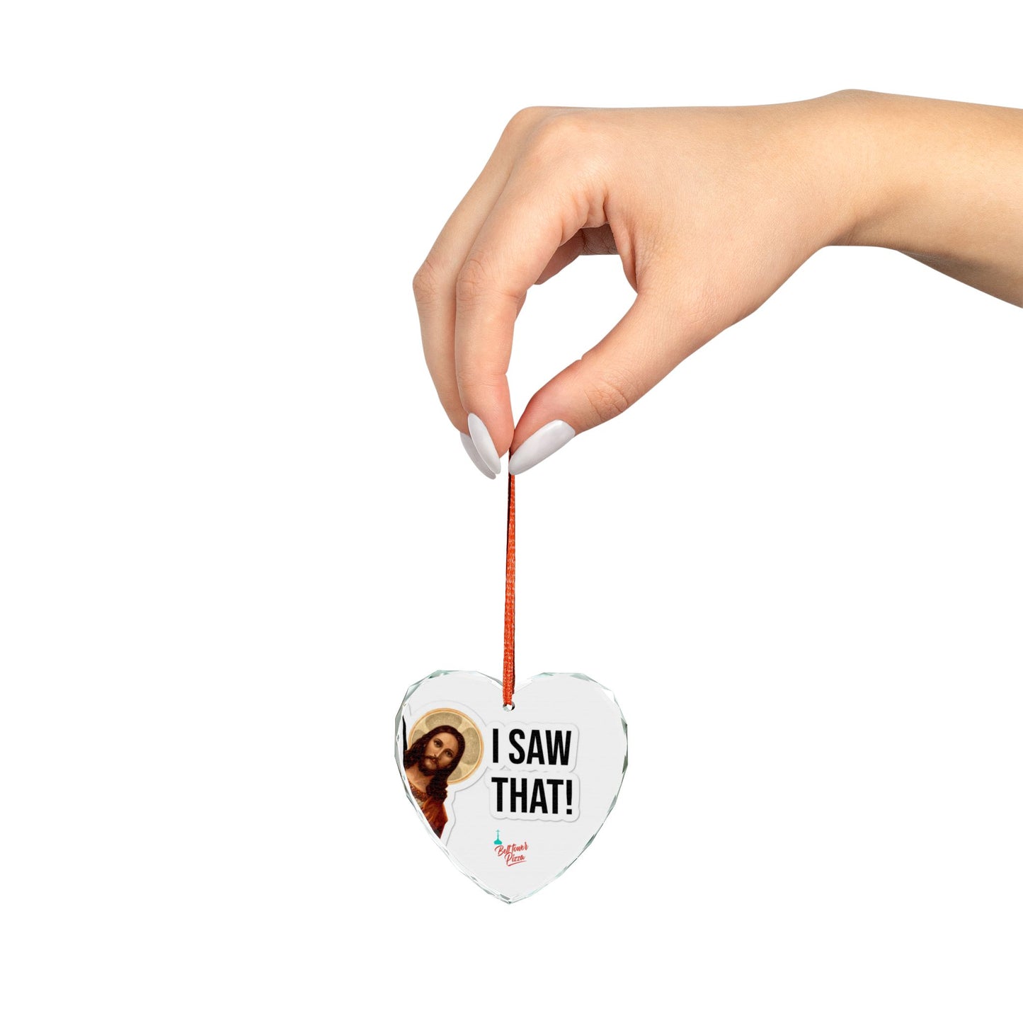 Funny 'I Saw That!' Heart Glass Ornament — Religious Holiday Décor