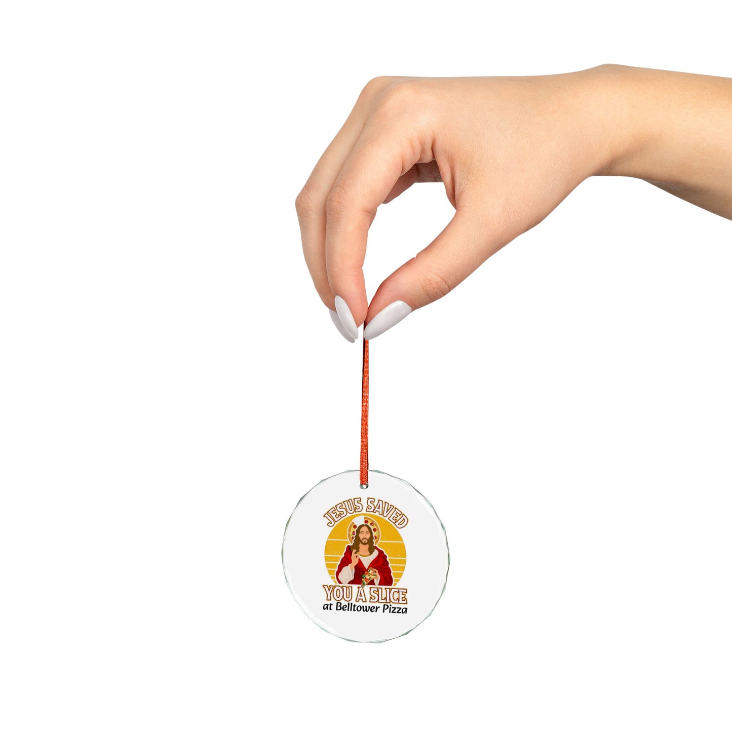 Heart Crystal Ornament — “Jesus Saved You a Slice” Retro Pizza Prayer Keepsake