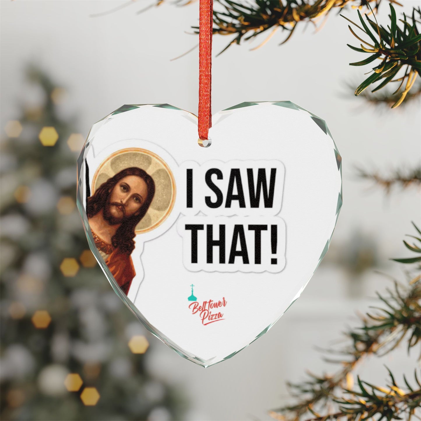 Funny 'I Saw That!' Heart Glass Ornament — Religious Holiday Décor