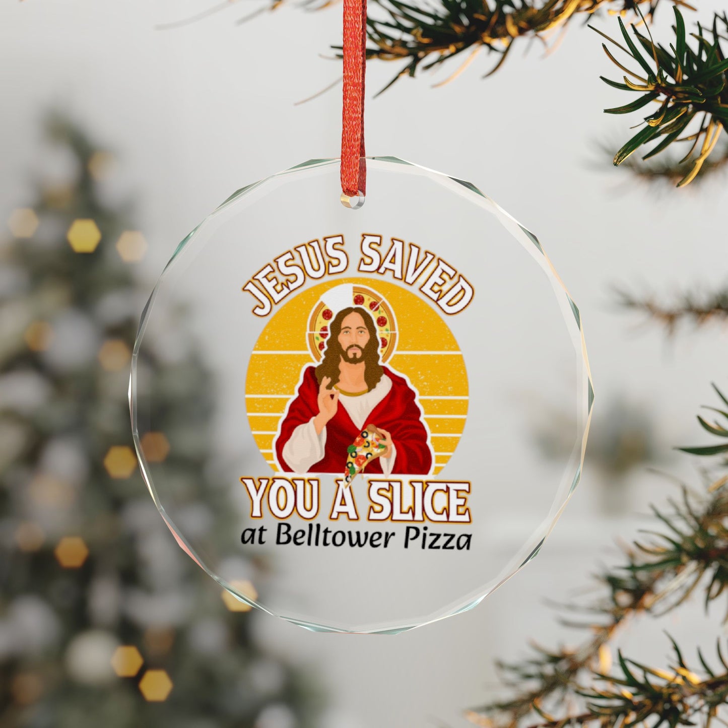 Heart Crystal Ornament — “Jesus Saved You a Slice” Retro Pizza Prayer Keepsake