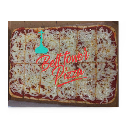 Bell Tower Pizza Jigsaw Puzzle — Retro Rectangular Cheese Pizza Design (120/252/500 pcs)