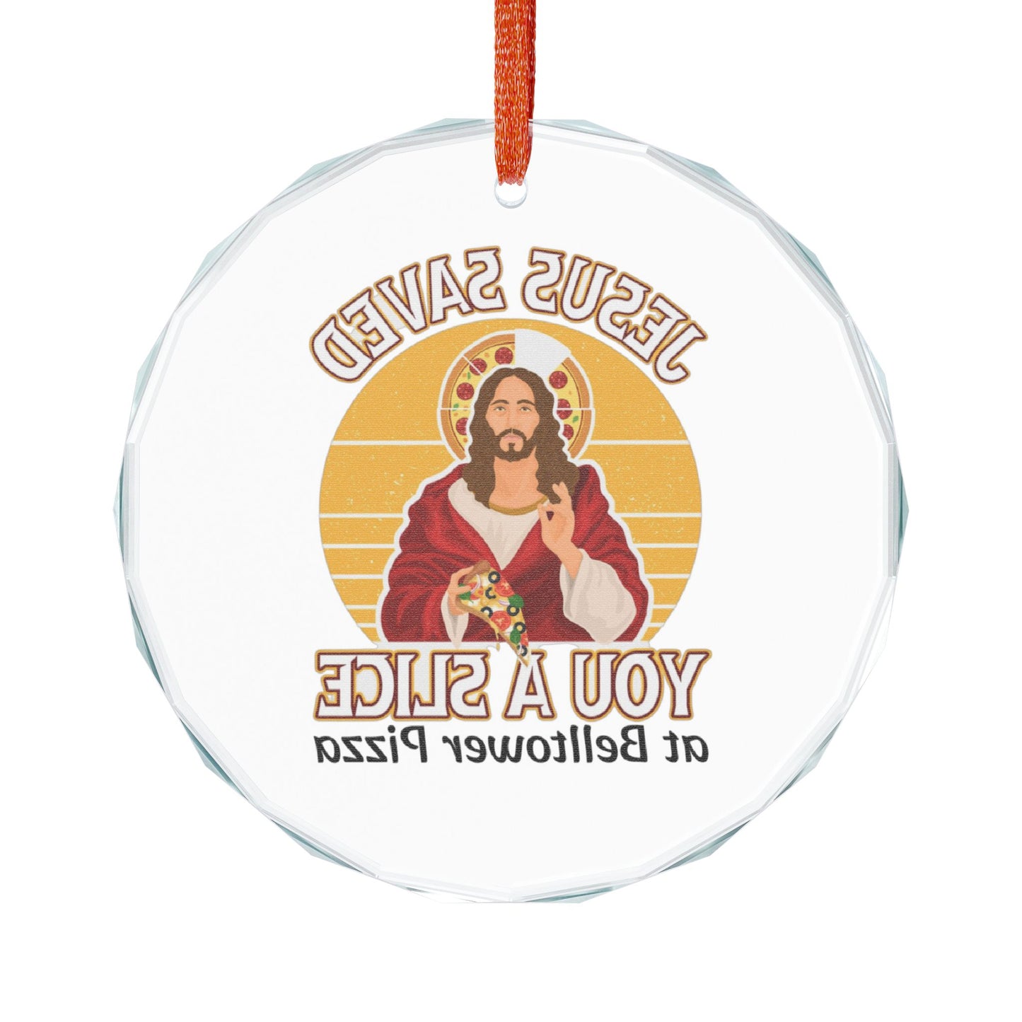 Heart Crystal Ornament — “Jesus Saved You a Slice” Retro Pizza Prayer Keepsake