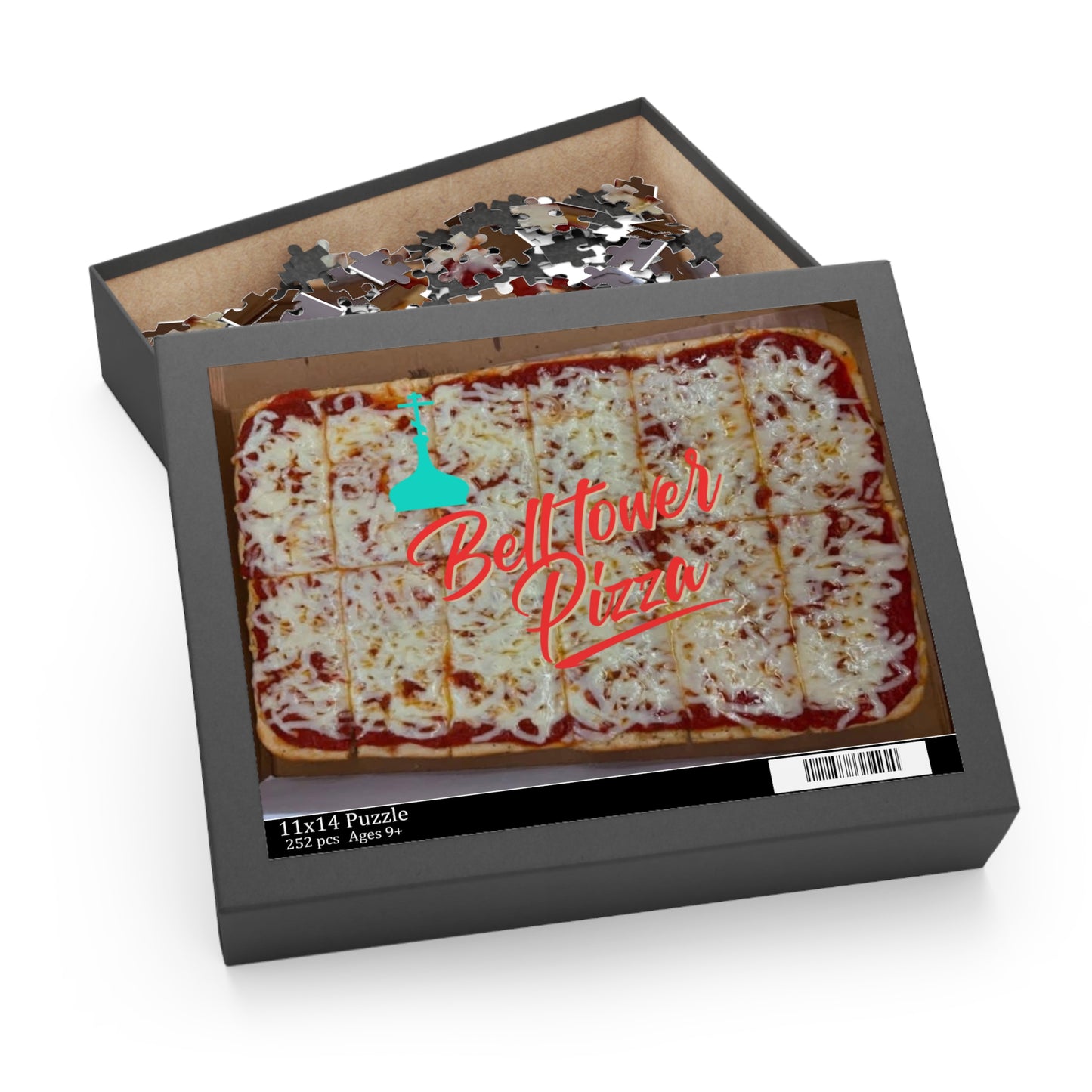 Bell Tower Pizza Jigsaw Puzzle — Retro Rectangular Cheese Pizza Design (120/252/500 pcs)