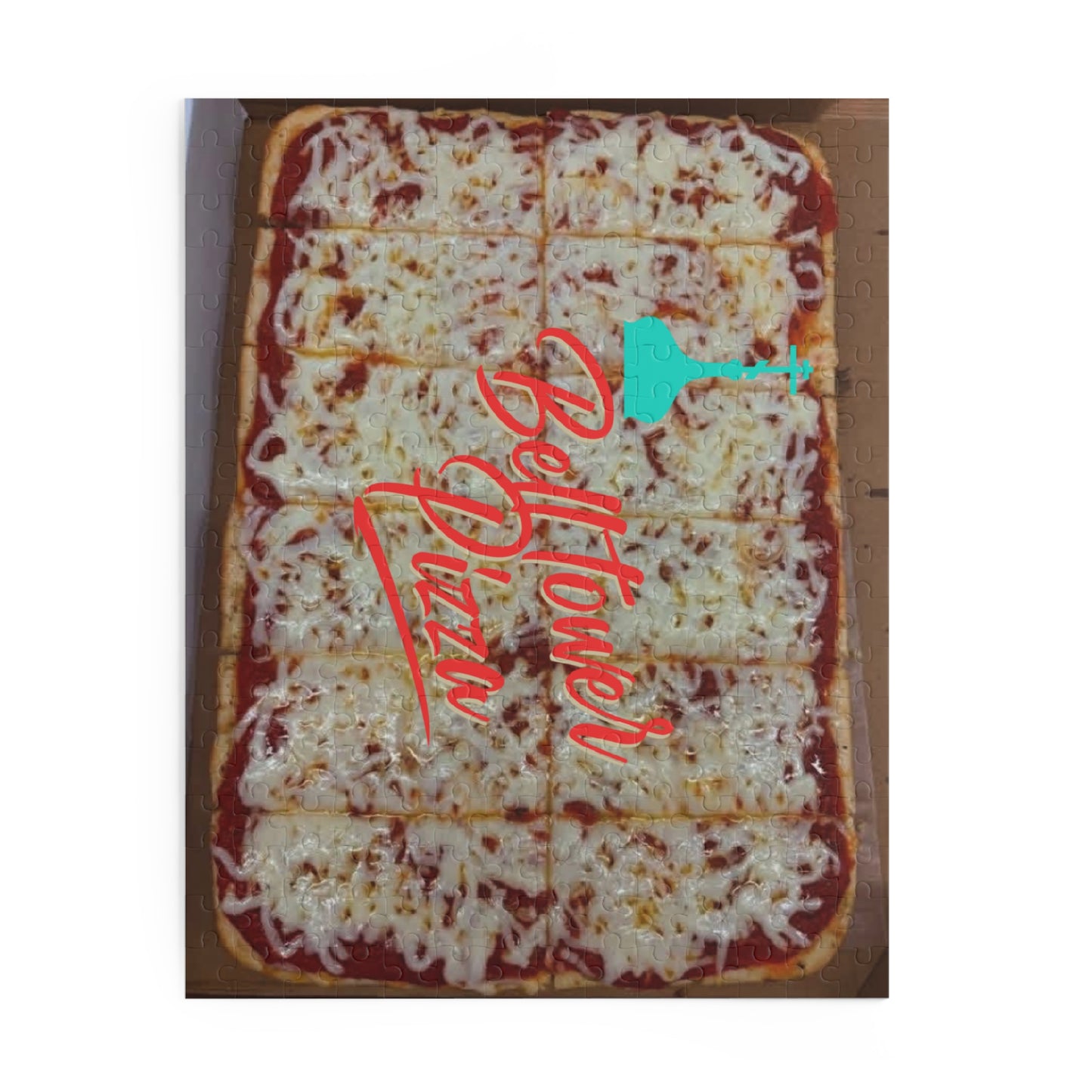 Bell Tower Pizza Jigsaw Puzzle — Retro Rectangular Cheese Pizza Design (120/252/500 pcs)